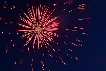 Fireworks flashes in the night blue sky