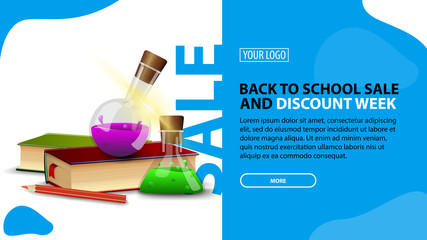 Back to school sale and discount week, horizontal discount banner for your website with modern design, books and chemical flasks