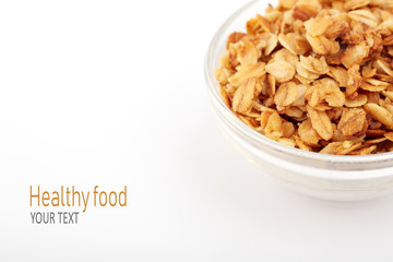 Organic homemade Granola Cereal with oats and almond. Texture oatmeal granola or muesli as background. Food concept. Healthy and wholesome food.
