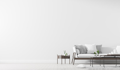Scandinavian style interior with sofa and coffe table. Empty wall mock up in minimalist interior. 3D illustration.