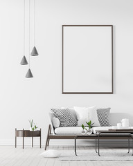 Mock up poster frame in Scandinavian style interior with sofa. Minimalist interior design. 3D illustration.