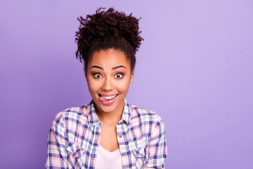Close up photo of careless cute lovely teen teenager top-knot have free time holidays weekends...