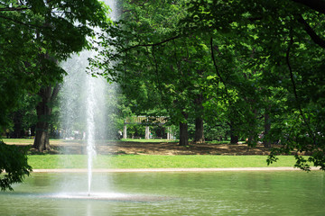新緑の公園・池と噴水