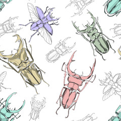 bug hand drawn seamless pattern pink green white background
