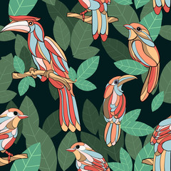 bird hand drawn green leaf seamless pattern