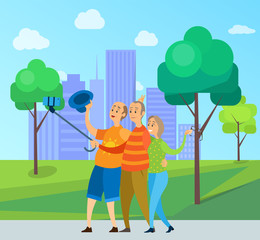 Old man and woman embracing and making selfie, senior holding stick with phone, smiling pensioners standing in urban park, elderly man and woman vector