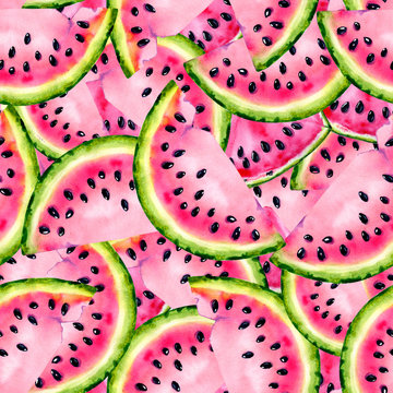 Watercolor seamless pattern with the image of a watermelon. Juicy pulp and seeds for print design, banner, poster, cover, invitations, greetings, weddings, advertisements