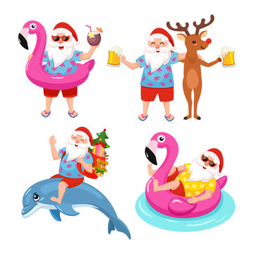 Funny collection of images with Santa, deer, dolphin and flamingo inflatable ring. Tropical Christmas. Vector illustration.