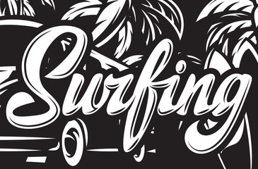 Obraz premium Vector illustration with ocean shore on the theme of surfing