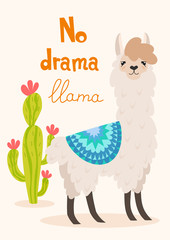 Vector stylish cartoon lama with ornament design and cactus. No drama llama poster.