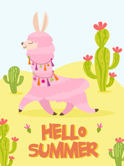 Summer card with cute lama and cactus. Vector illustration.