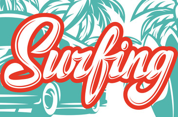 Vector illustration with ocean shore on the theme of surfing