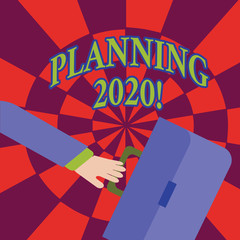 Obraz premium Word writing text Planning 2020. Business concept for process of making plans for something next year Rushing Businessman Arm Swayed Farther Back and Hand Holding Color Briefcase.