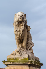 MARSEILLE, FRANCE - 10 Nov 2018 - Lion statue of the stairs decoration near the Saint Charles train station in Marseille