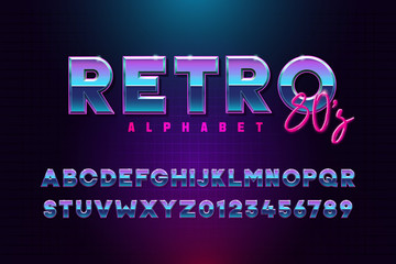 Retro font effect based on the 80s. Vector design 3d text elements based on retrowave, synthwave graphic styles. Mettalic alphabet typeface in different blue and purple colors - obrazy, fototapety, plakaty