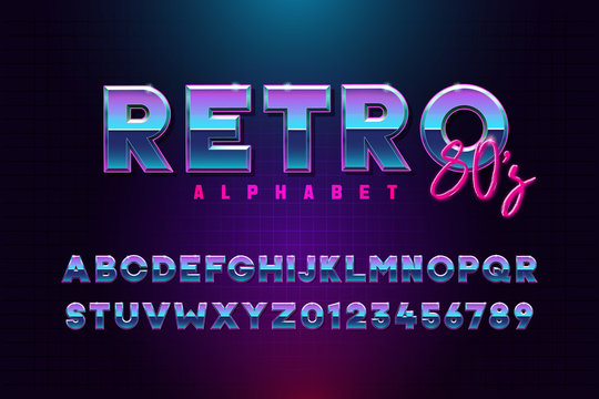 Retro font effect based on the 80s. Vector design 3d text elements based on retrowave, synthwave graphic styles. Mettalic alphabet typeface in different blue and purple colors