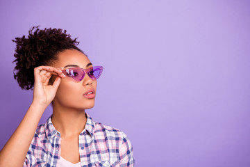 Portrait of magnificent fabulous lady touch specs feel confident cool independent freedom flirt flirty dressed modern spring clothing isolated on purple background