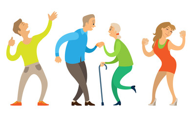 Man and woman dancing in nightclub vector, old male and female with stick, elderly people and young characters having fun at disco party flat style