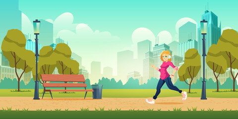 Healthy lifestyle, outdoor physical activity and fitness in modern metropolis cartoon vector concept with happy smiling young woman in headphones jogging, running on pathway in city park illustration - obrazy, fototapety, plakaty