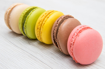 sweet colorful macaroon. delicious macaroon on wooden table 
