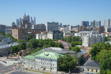 Fototapeta na wymiar Moscow, Russia - June 4, 2019: Summer view of the streets of Moscow from the observation deck of the Cathedral of Christ the Savior