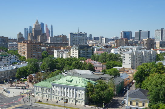 Moscow, Russia - June 4, 2019: Summer view of the streets of Moscow from the observation deck of the Cathedral of Christ the Savior