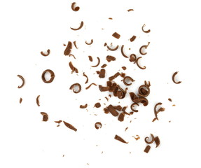 Grated chocolate. Heap of ground chocolate isolated on white background with clipping path, closeup.