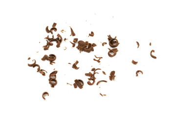 Grated chocolate. Heap of ground chocolate isolated on white background with clipping path, closeup.