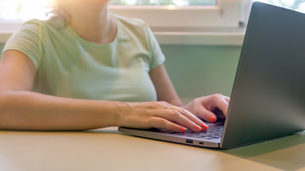 Naklejka premium Close-up of woman typing on laptop computer.