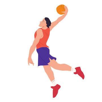 Basketball player. Man throws a ball from above in a jump. The people in dynamic pose. Flat with texture vector illustration. Isolated.