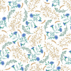 Abstract floral seamless pattern hand drawing on white background. Blue cornflowers and spike of cereals. Romantic garland for fabric, wrapping, web. Vector illustration