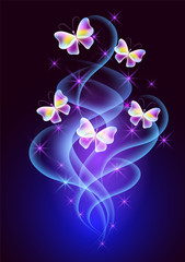 Glowing background with neon glittering smoke, butterflies and sparkle stars