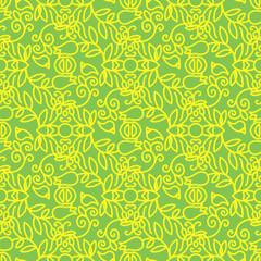 Yellow Floral Pattern Isolated on Green Background.
