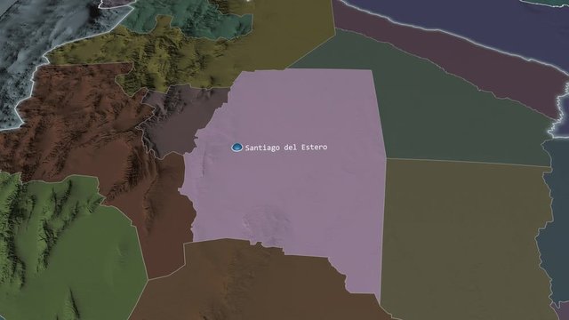 Santiago Del Estero - province of Argentina zoomed on the administrative map of the globe. Animation 3D