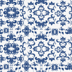 Seamless vector pattern with decorative elements in blue on white background