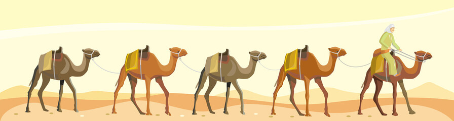 caravan camels with bedouin in the desert - 274031212