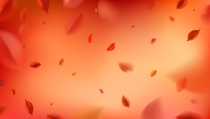 Fall background with blurred flying red leaves, autumn nature vector design