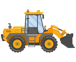Yellow bulldozer tractor.Construction machine.Manufacturing Equipment. Industrial vehicle.Isolated on white.Side view.Flat vector.