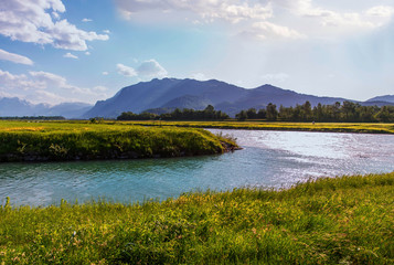 River,meadow,mountain, Koblach.