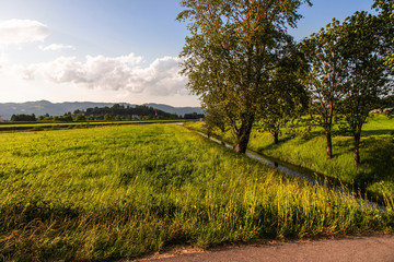 Obraz premium Meadow, stream and village Montlingen.