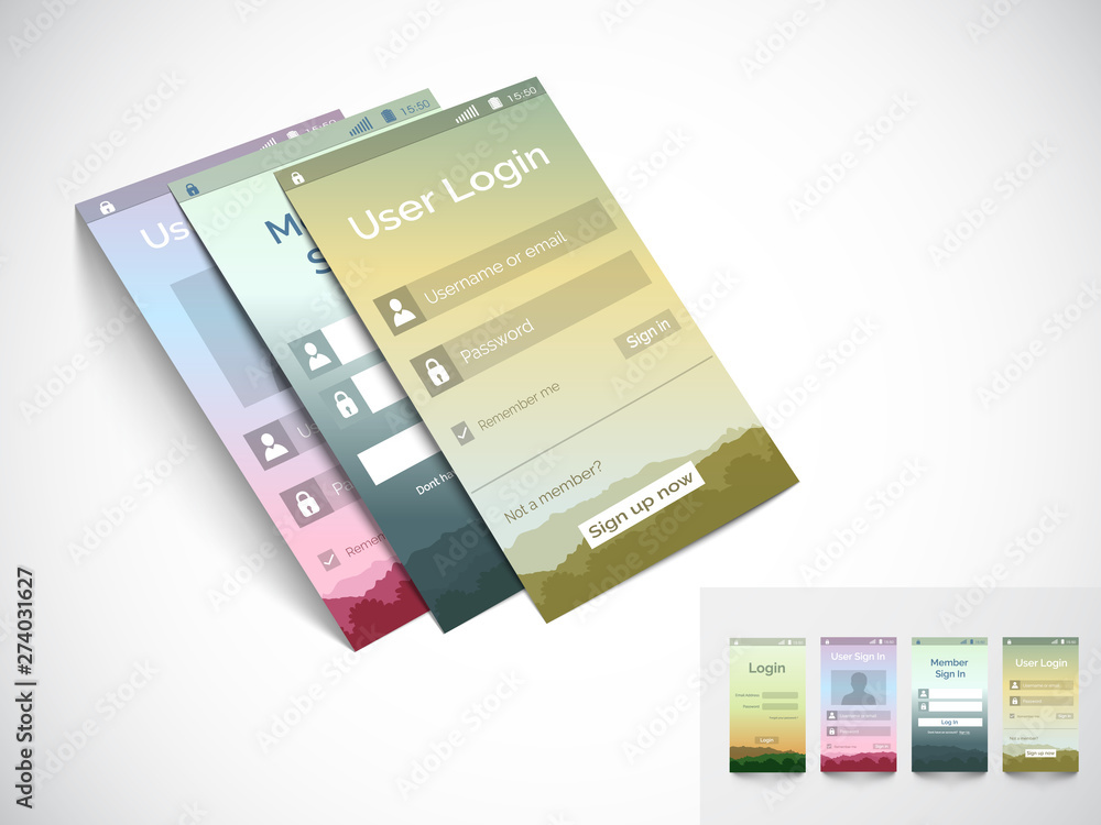 Poster mobile user interface with login application layouts.