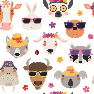 Hand drawn seamless vector pattern with cute animal faces in hats, sunglasses, on a white background. Scandinavian style flat design. Concept for kids summer textile print, wallpaper, wrapping paper.