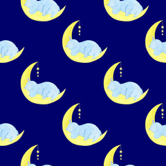 Fototapeta na wymiar Pattern seamless children's illustration hippo sleeps stars clouds moon watercolor illustration digital paper scrapbooking design stickers greeting cards kids textiles