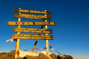 Highest point on the roof of Africa, Uhuru peak 5895m, Kilimanjaro. Clear blue sky background
