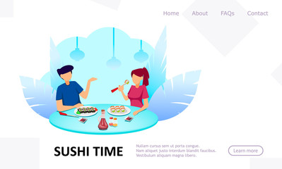 Obraz premium Sushi time. Couple in cafe eating rolls
