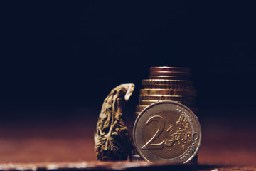 cannabis bud lies among euro coins close-up. purchase and sale of legalized soft drugs. cheap...