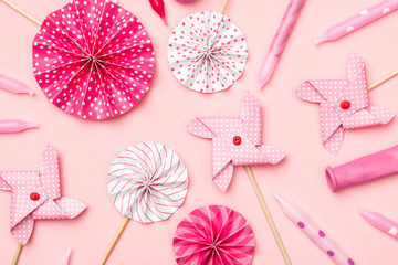 Flat lay decoration party concept on colorful background