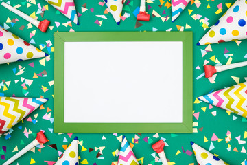 White frame on colorful table top view