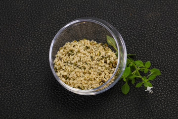 Peeled hemp seeds in the bowl