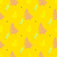 Yellow Seamless Pattern with Feathers, Fern Leaves